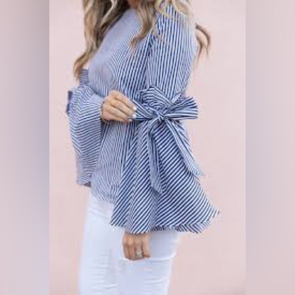 Ina Blue and White Striped Bell Sleeve Tie-Waist Blouse